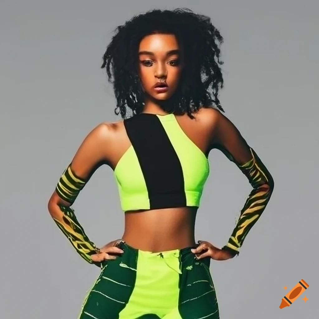 Neon yellow crop top with striped skinny jeans on Craiyon