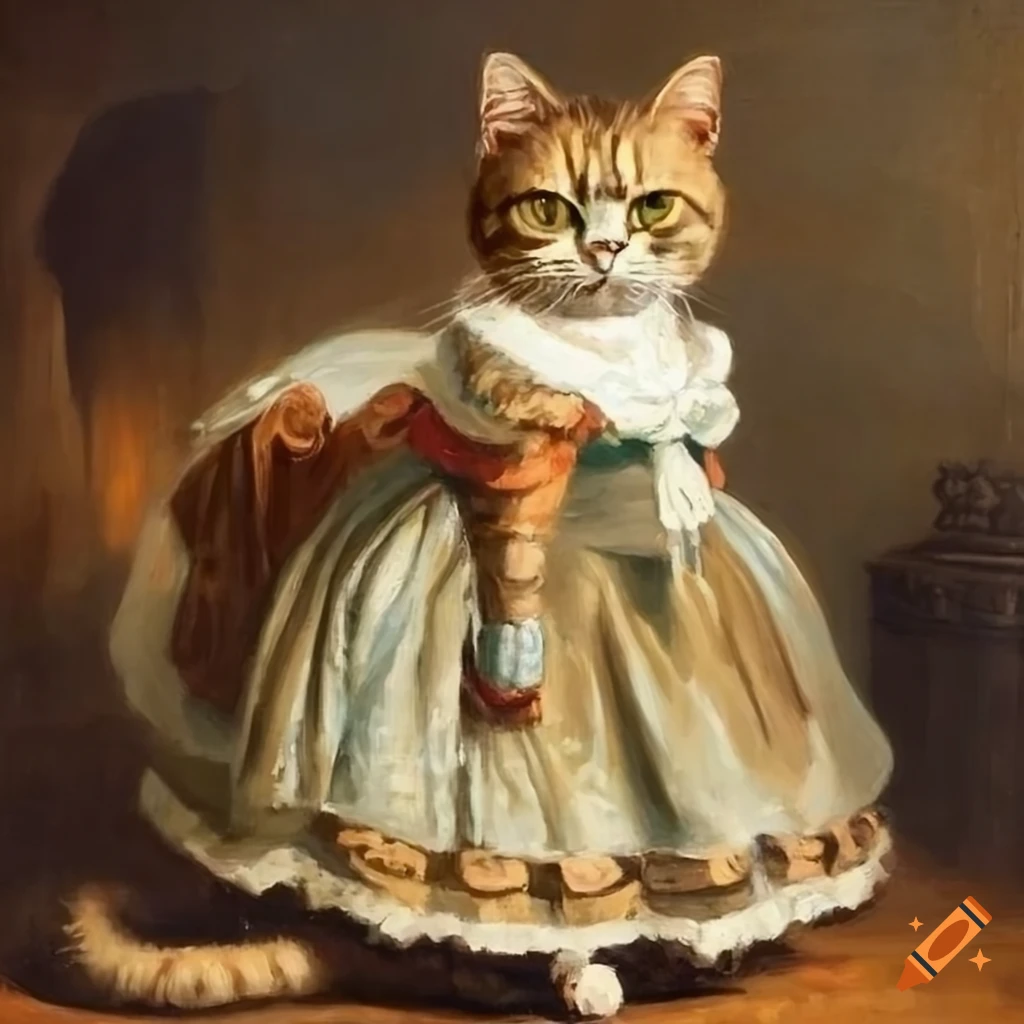 Oil painting of a chubby cat in a dress on Craiyon