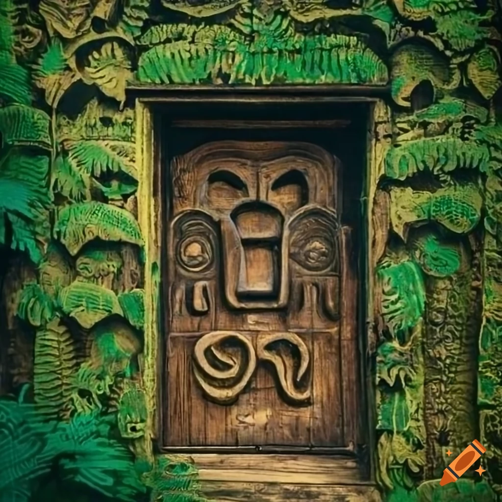 wooden door with African symbols and moss-covered wall in the background