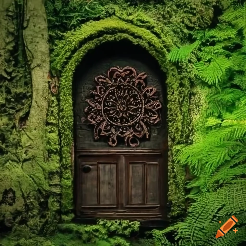 Moss-covered double door with carved mandala design