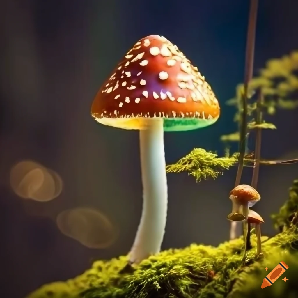 close-up of a glowing glass mushroom in a mossy forest