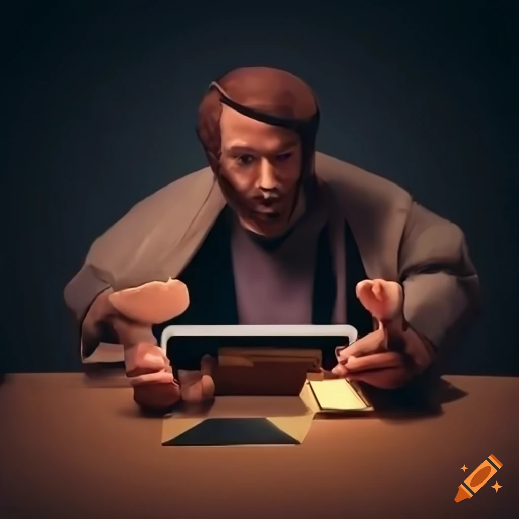 man crafting cardboard figurines and playing League of Legends on an iPad