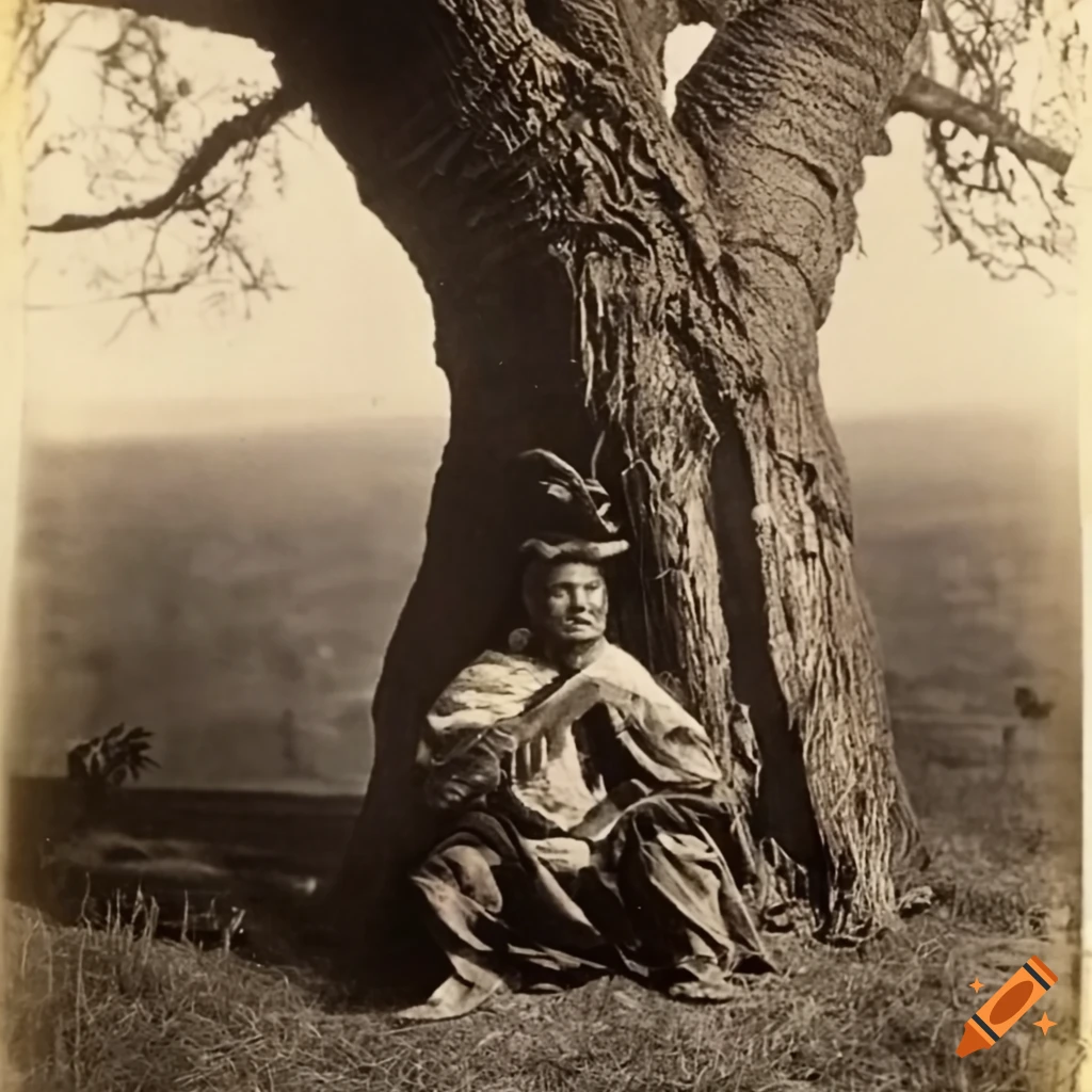 monochrome picture of Genghis Khan hiding behind a tree