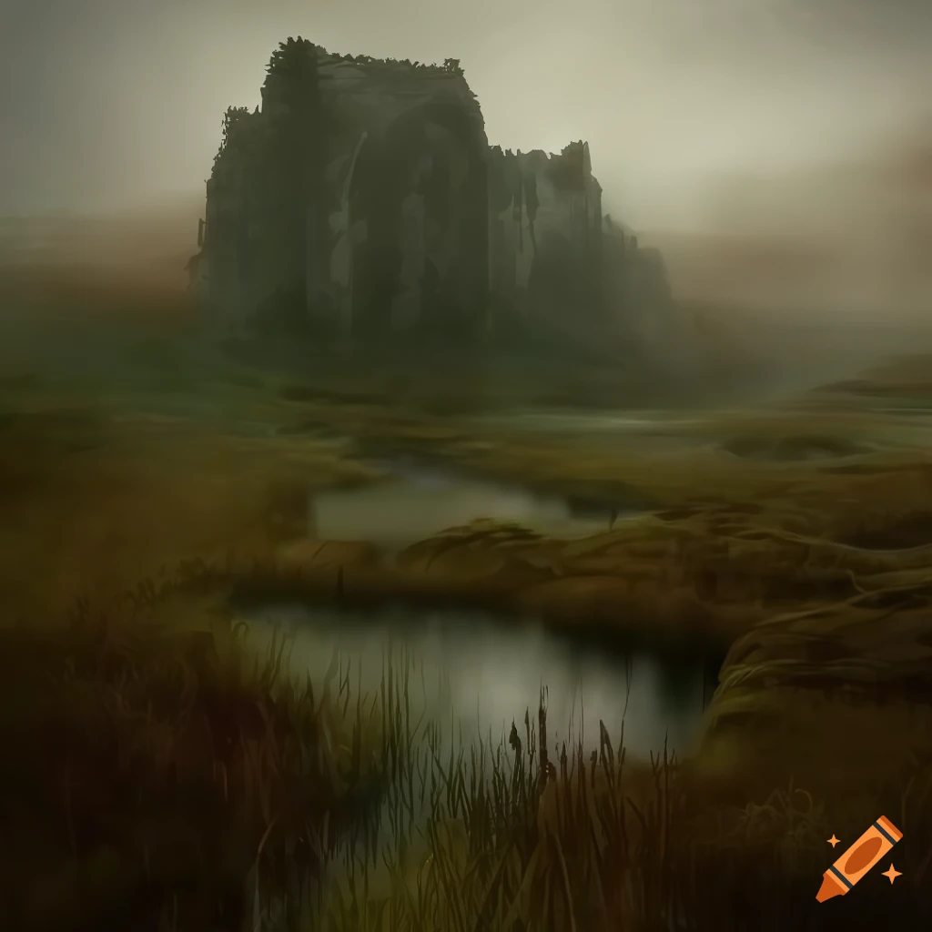 moorland with ancient ruins and sunlight