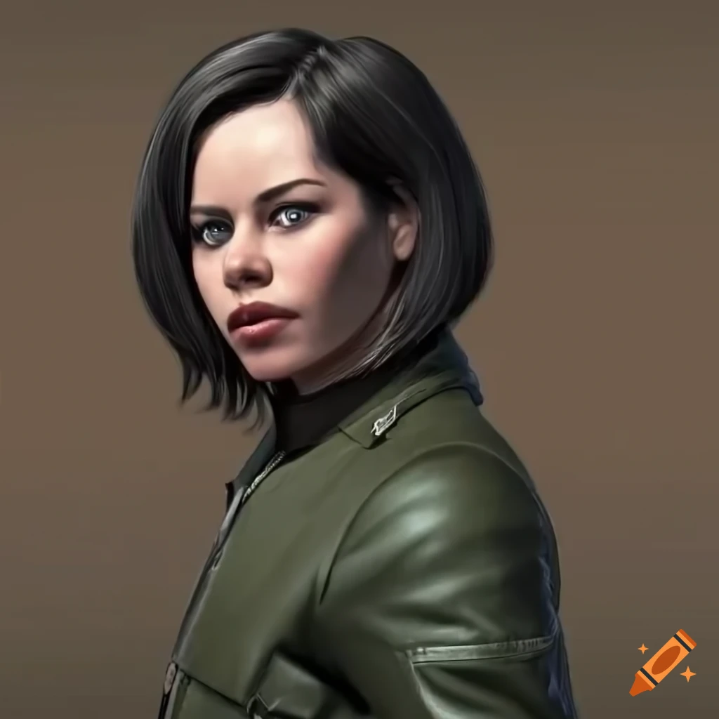 Portrait of a young actress with black bob hair and bomber jacket