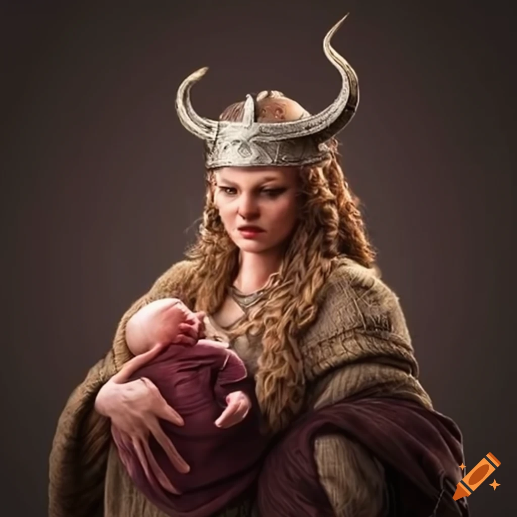 Viking woman holding her baby