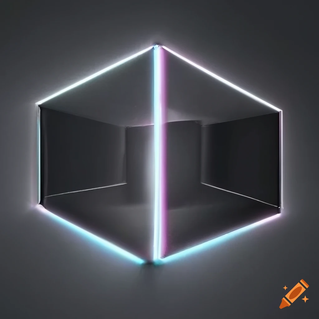 Neon-lit perspex cube on street corner on Craiyon