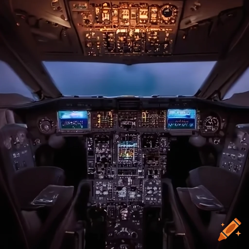 empty airliner cockpit at night