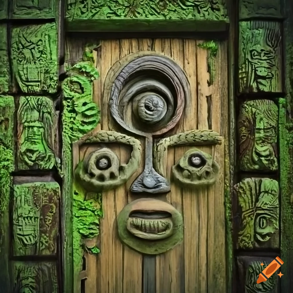 Moss-covered door with african symbols carved out