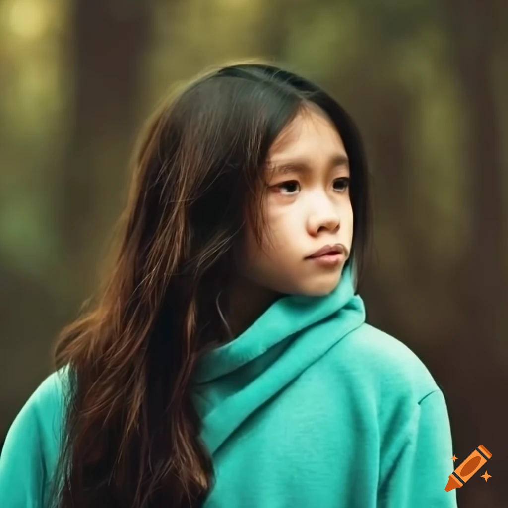 Teenager in the woods wearing a green hoodie on Craiyon