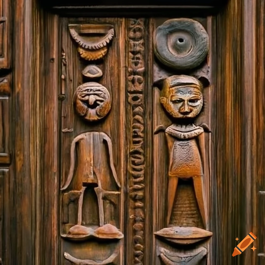 wooden door with African symbols and moss-covered wall in the background
