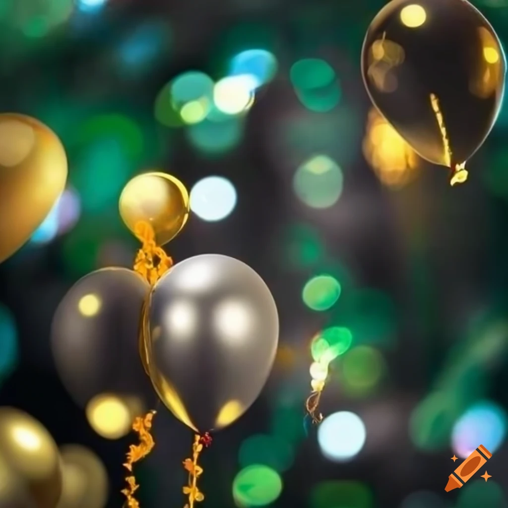 festive bokeh with black, gold, and silver balloons