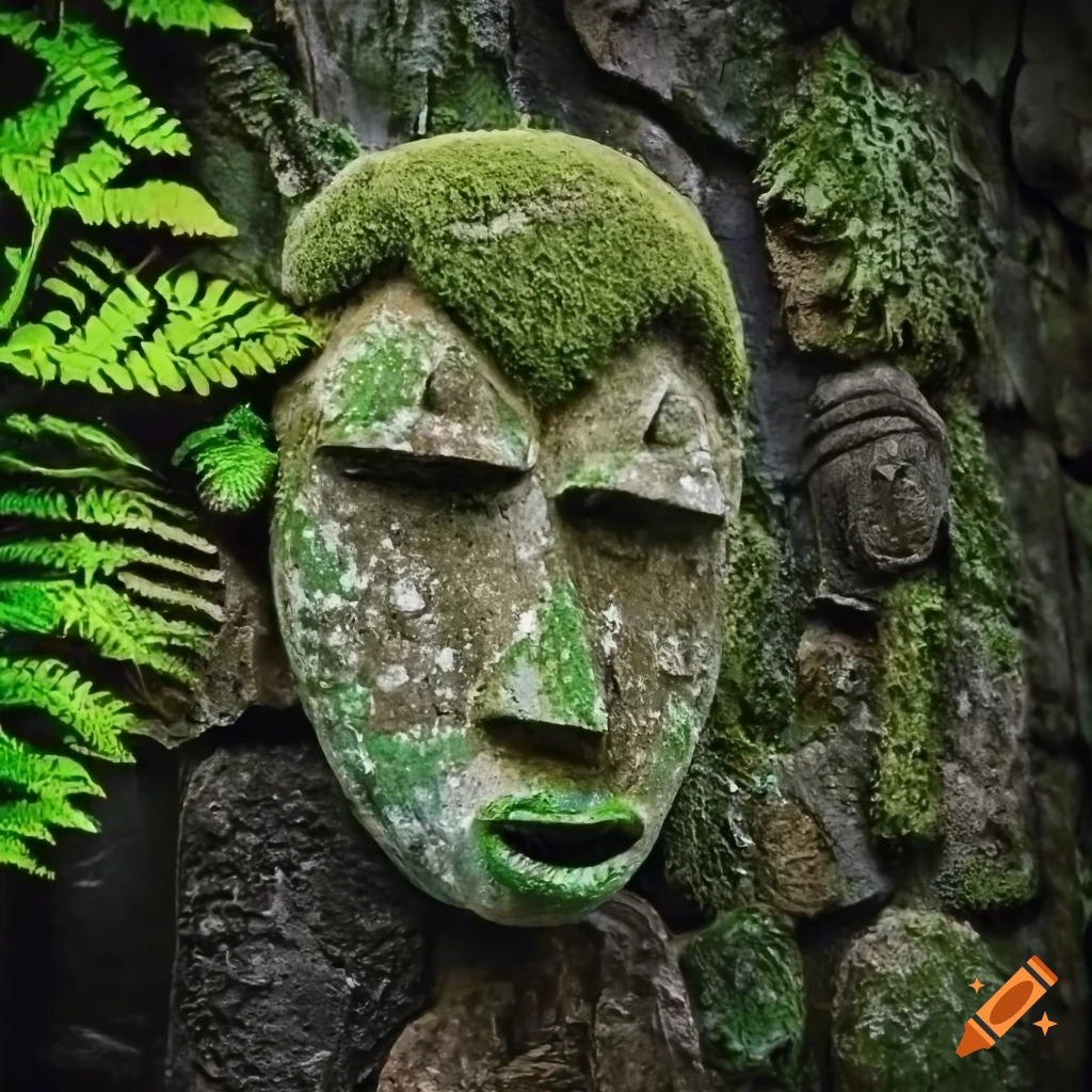moss-covered African stone masks in a garden of ferns