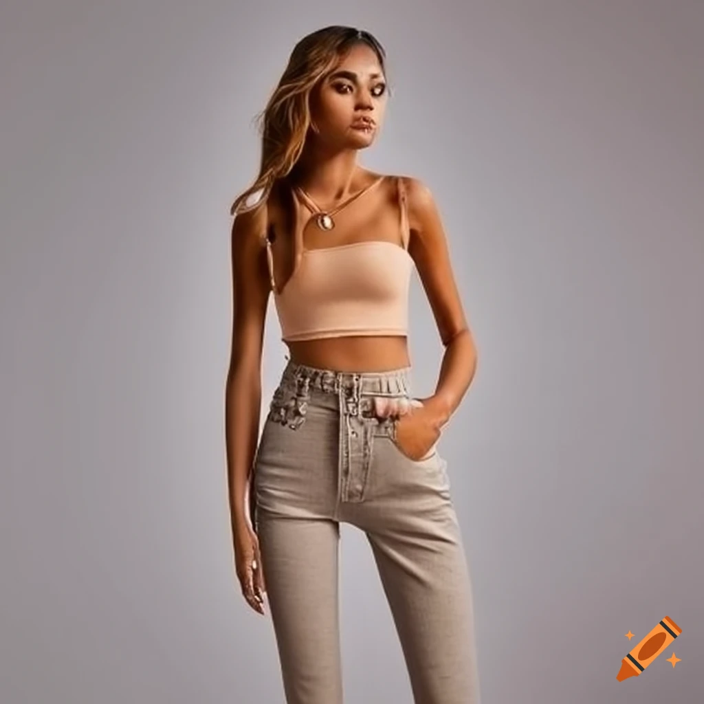 Sandcolored skinny jeans and crop top outfit on Craiyon