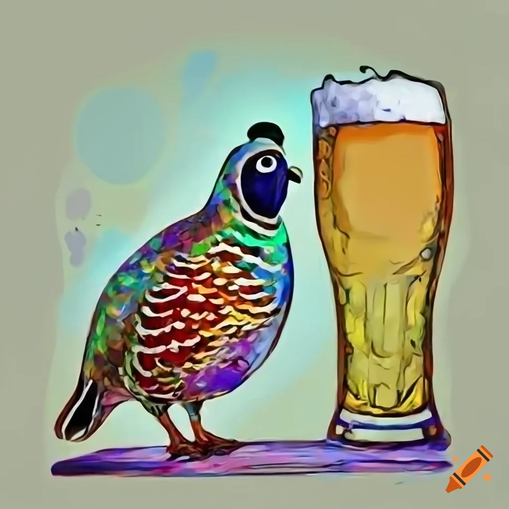 Quail on table with beer on Craiyon