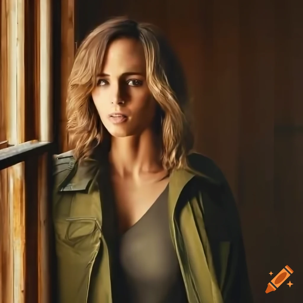 photorealistic image of a woman in a bomber jacket and leather trousers