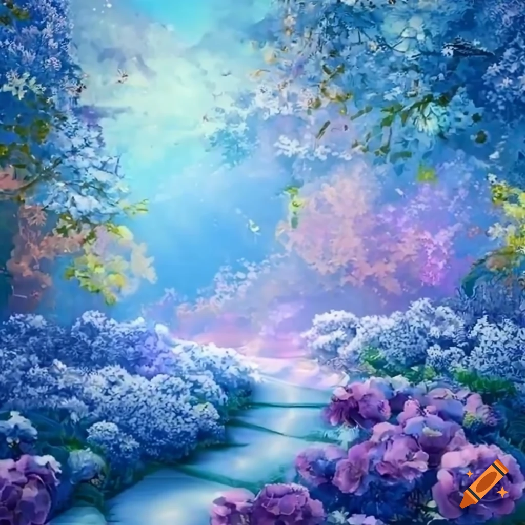 detailed and magical path with pastel trees and flowers