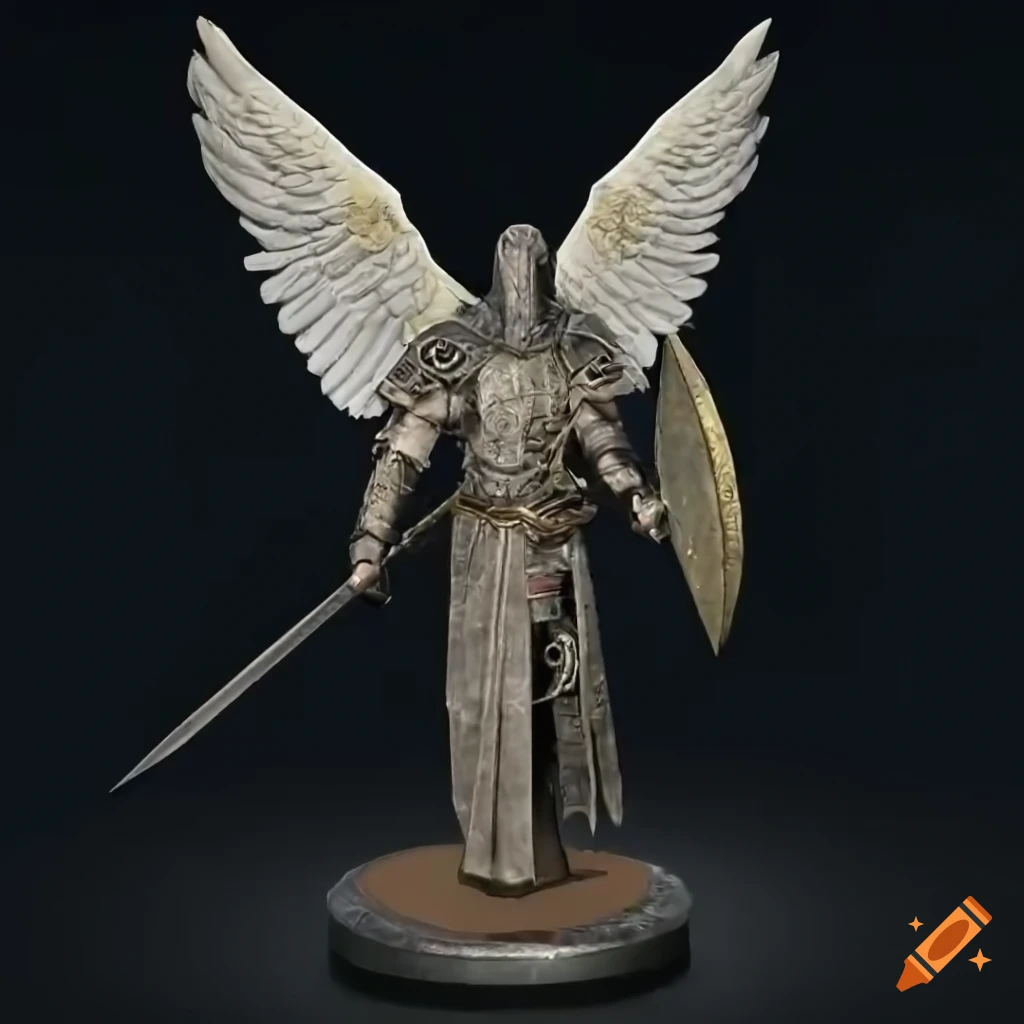 Archangel male character, fully armoured and using a delightful helmet, his  wings are made of pure divine energy, his armour features a white base and  golden metalic details and parts on Craiyon
