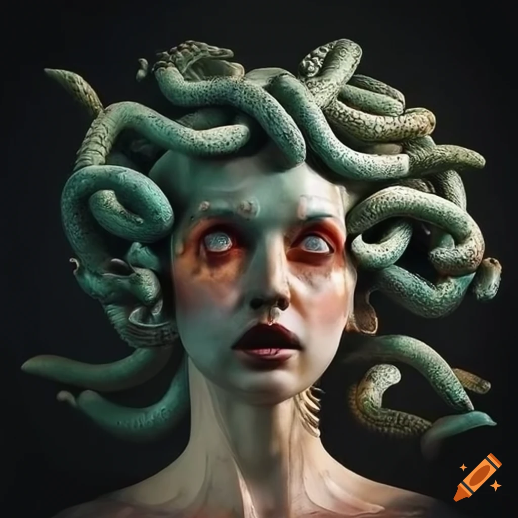 sculpture of Medusa with intense gaze