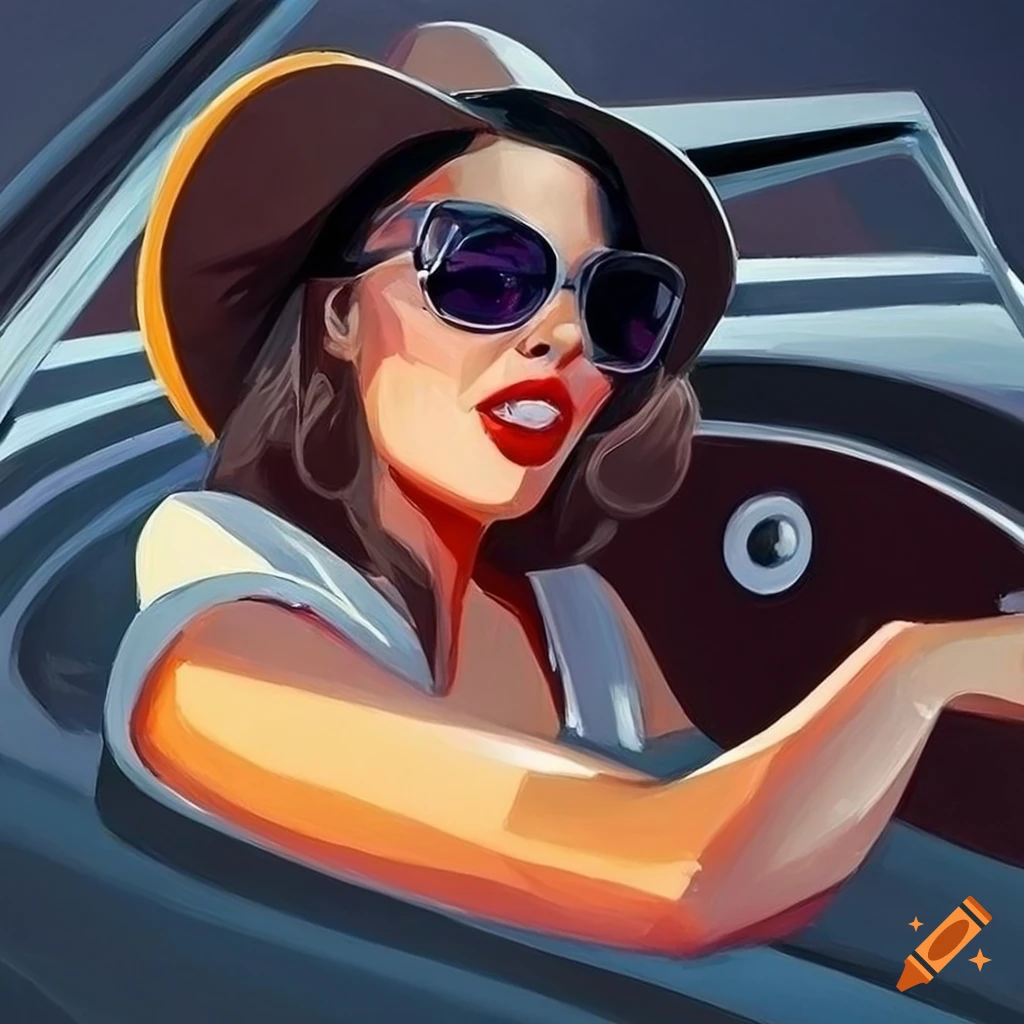 Digital painting of a woman driving a classic car on Craiyon