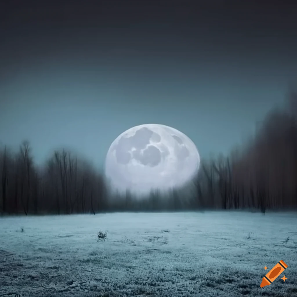 painting of a moonlit frosty meadow with dark trees