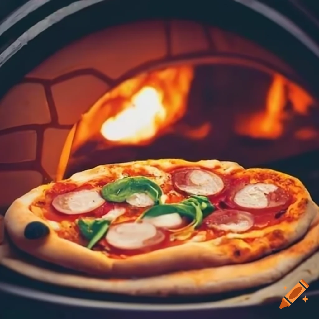 Delicious homemade pizza baking on a stone oven