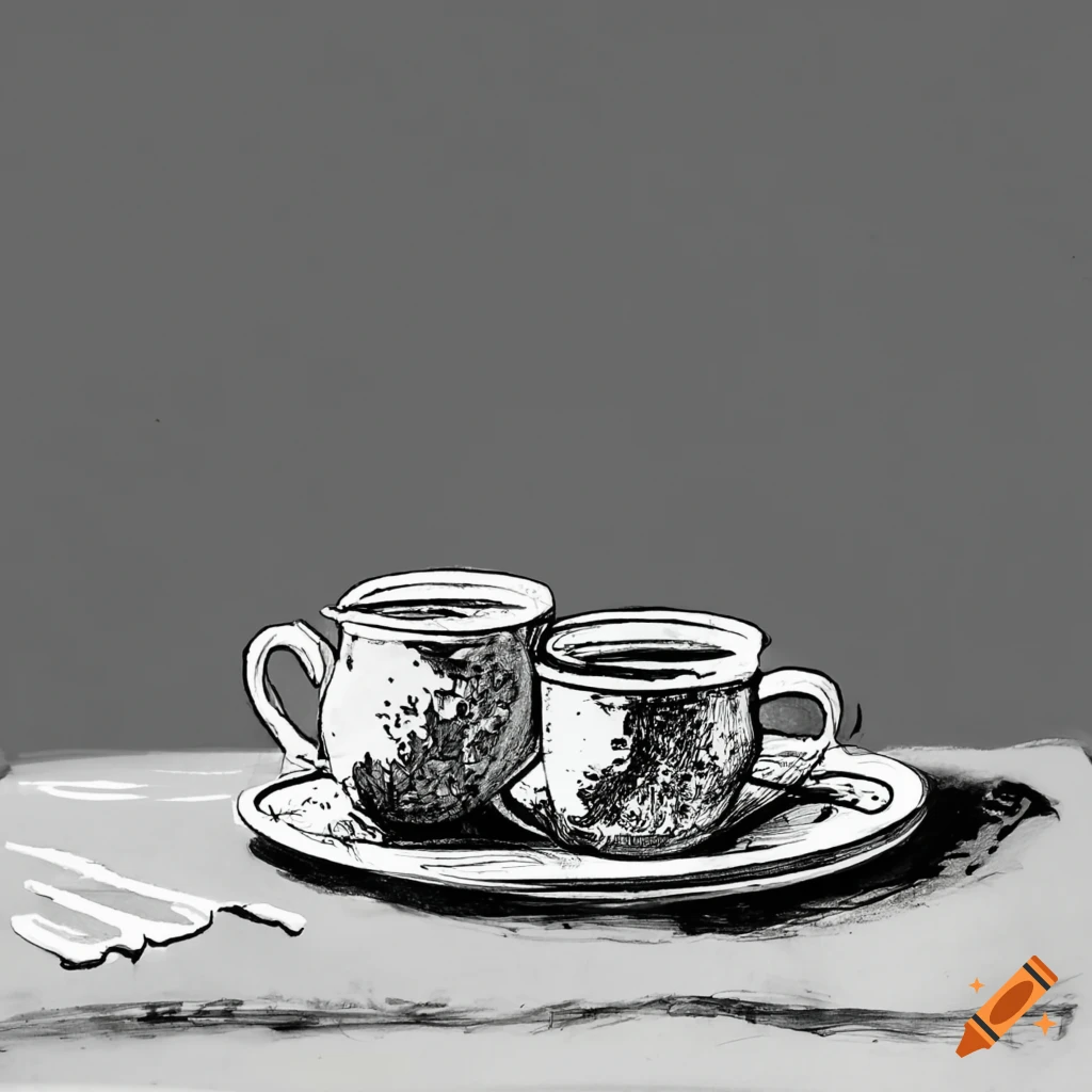 White charcoal drawing of a mug and lemon on black paper on Craiyon