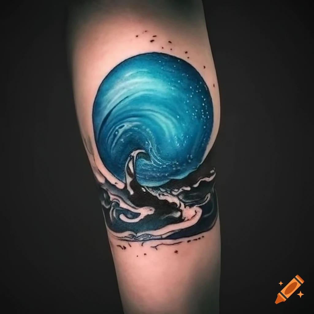 Tattoo of black and blue water waves on arm on Craiyon