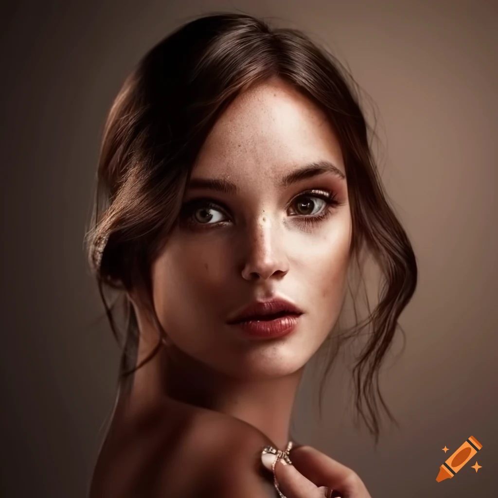 elegant model with freckles and brunette hair