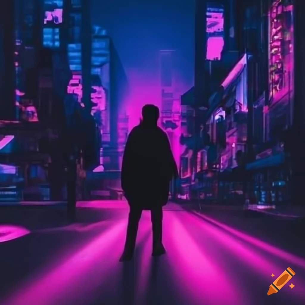 Silhouette of a man in a glowing neon city