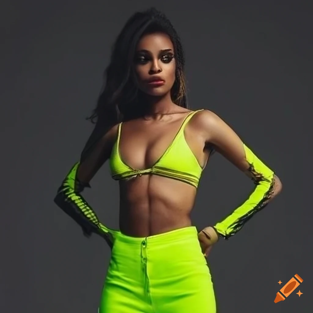 Neon yellow crop top with striped skinny jeans on Craiyon