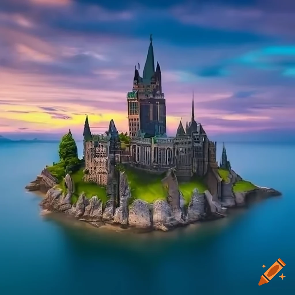 Iconic wizards academy with central tower on an island