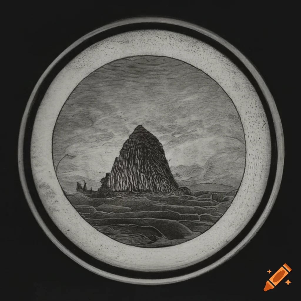 Black and white acid etching of kittelsen's eye of doom on Craiyon