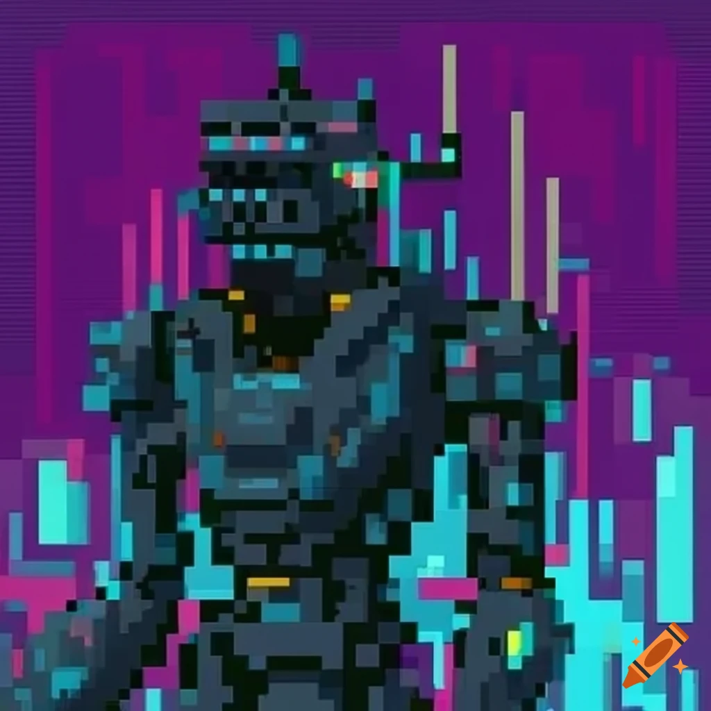 cyberpunk pixel art of a remorseful war machine