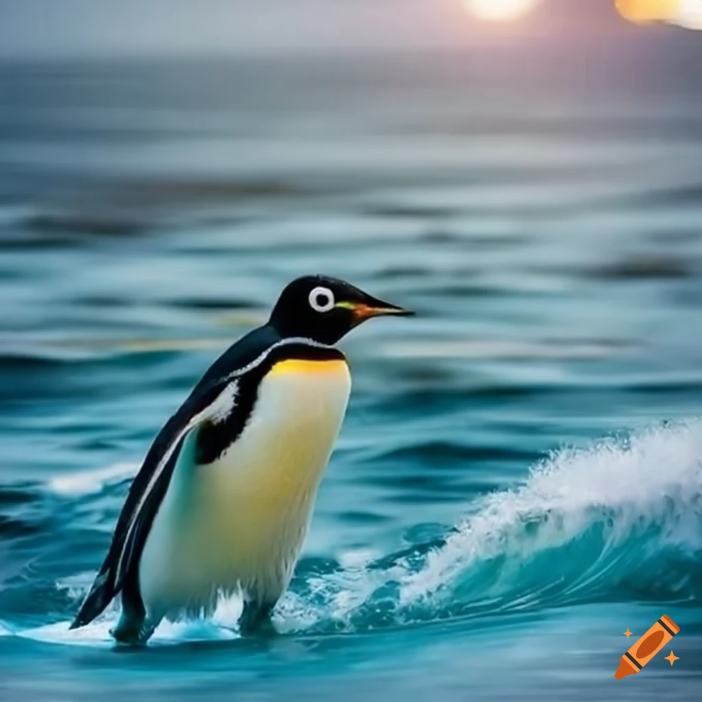 Penguin surfing on a wave on Craiyon