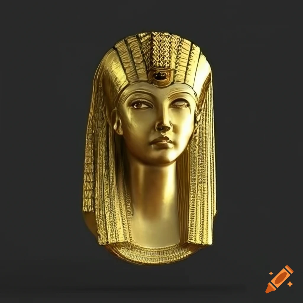 3d illustration of cleopatra's gold bust with headdress