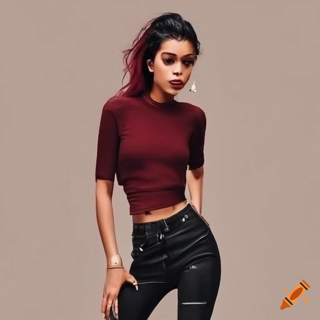 Black-wine red skinny jeans and crop top outfit on Craiyon
