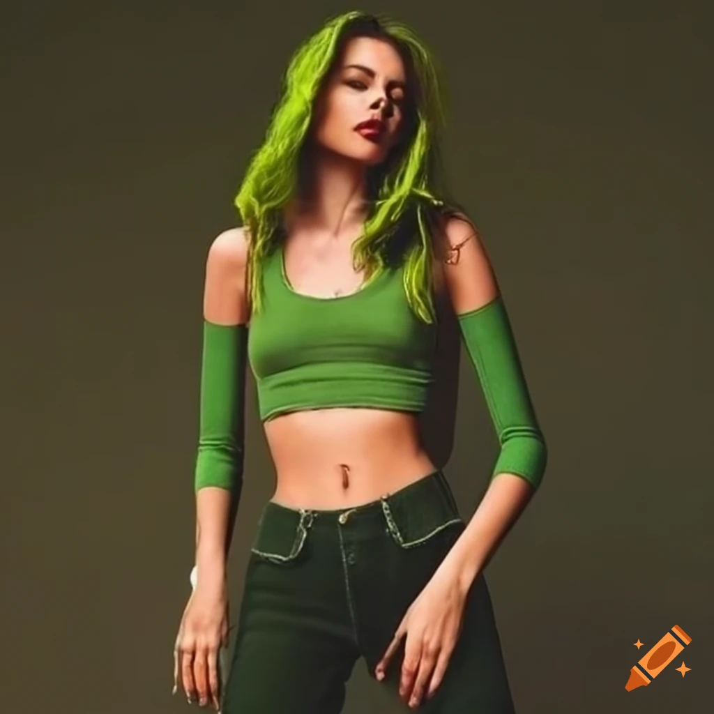 Women s Outfit With Green Skinny Jeans And Crop Top On Craiyon
