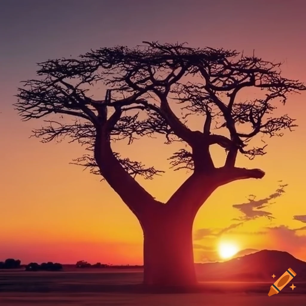 african sunset with baobab tree