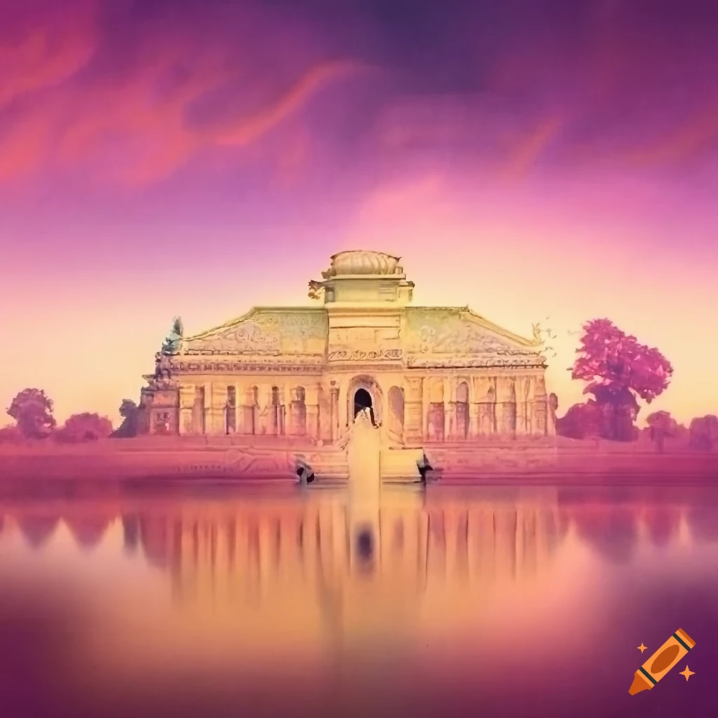 Maxfield Parrish style royal palace with pink clouds