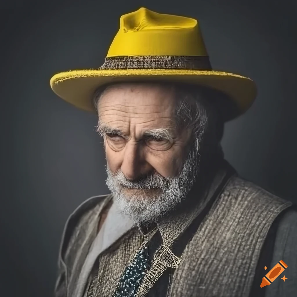 stylish vintage man with grey-brown hair and yellow hat