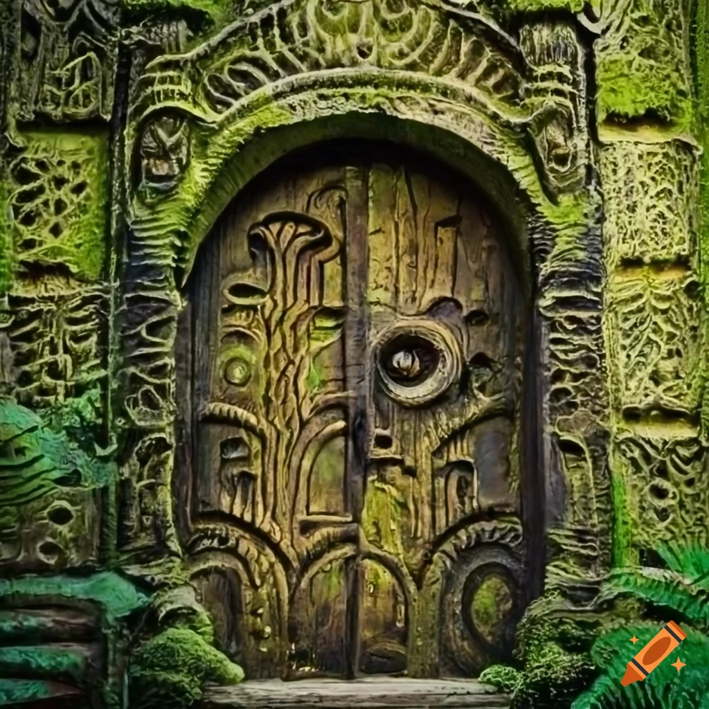 Moss-covered door with african symbols