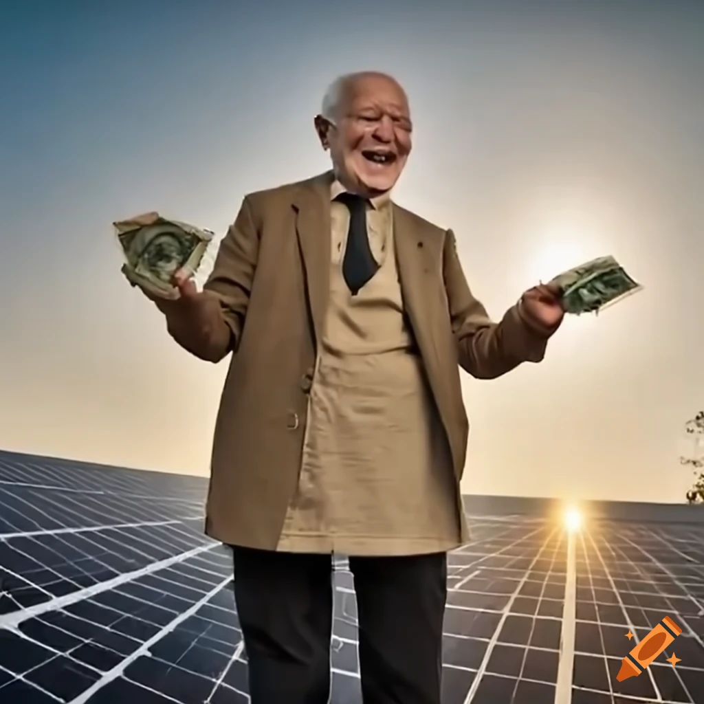 elderly man dancing with money for solar power station