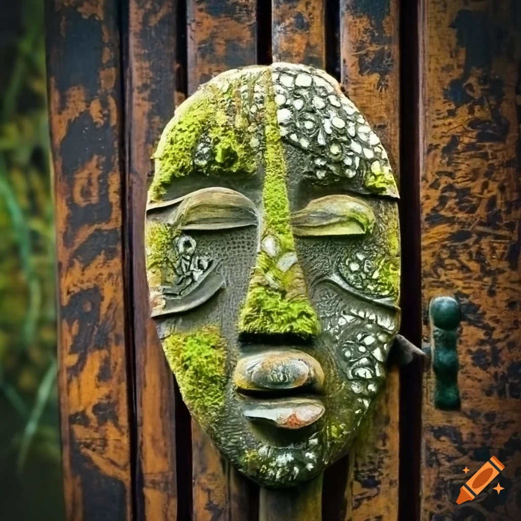 wooden door with small moss-covered African stone masks