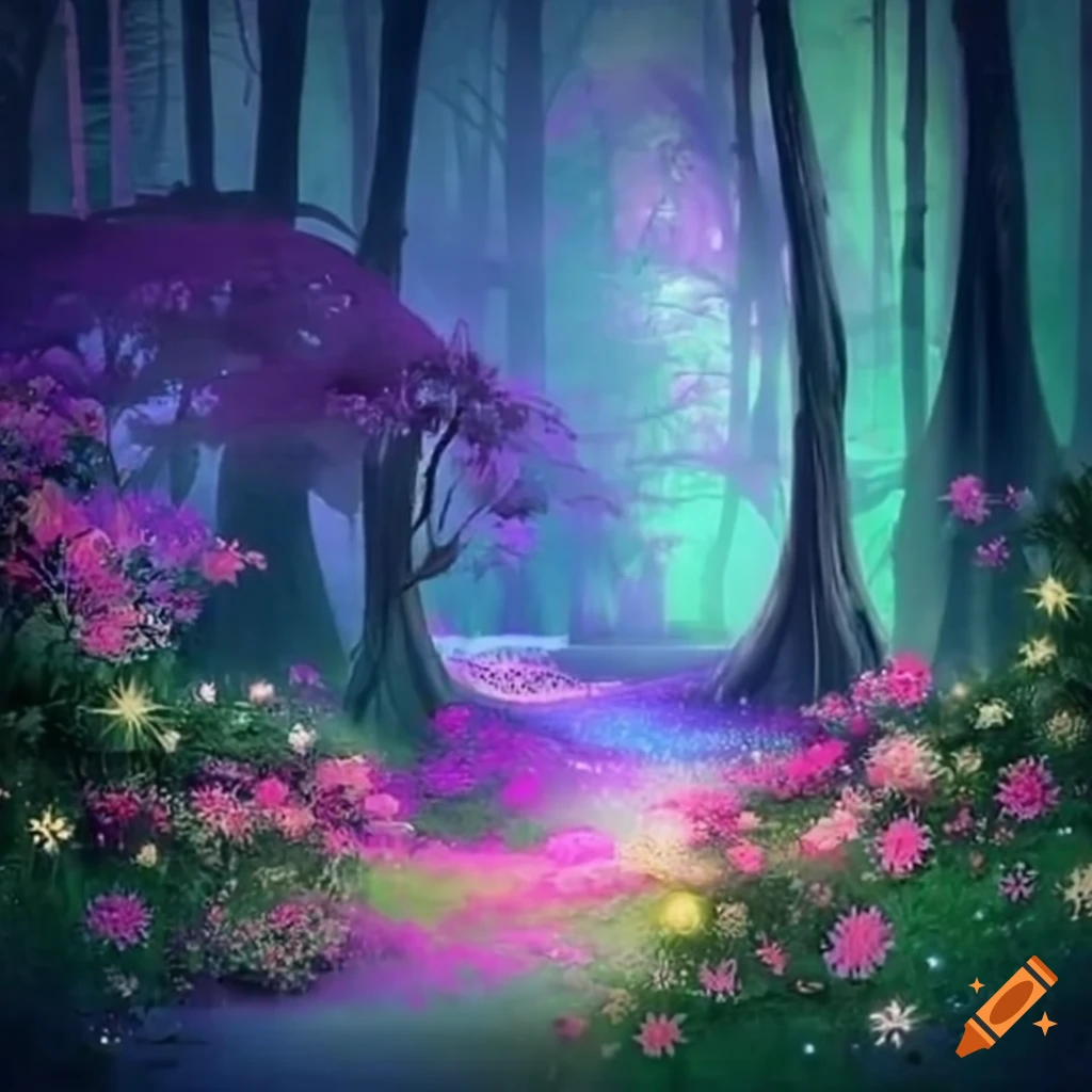 colorful fantasy forest with fairies and sparkling flowers