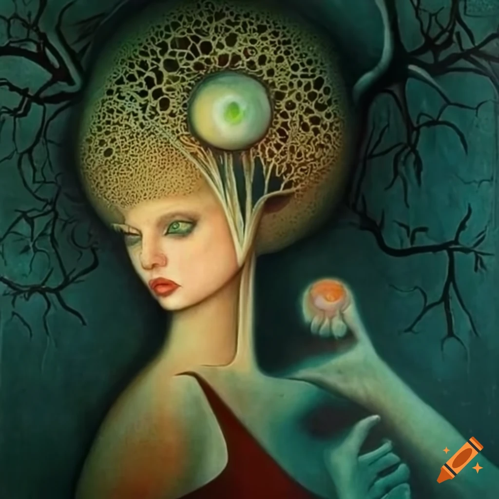 Surrealist painting of women with a tree