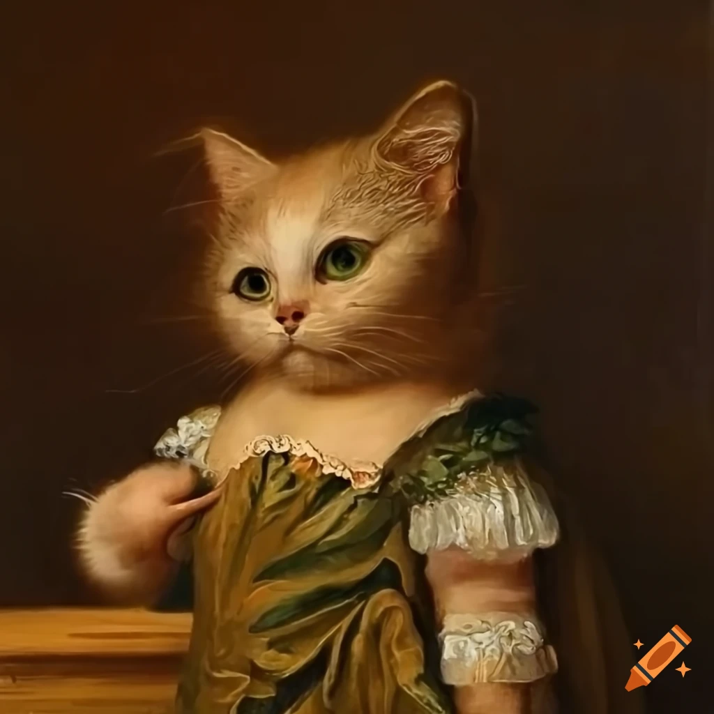Oil painting of a chubby cat in dresses on Craiyon