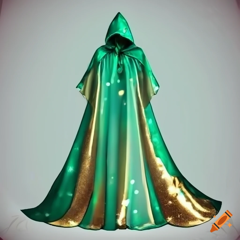 Green and gold transparent hooded cape on Craiyon