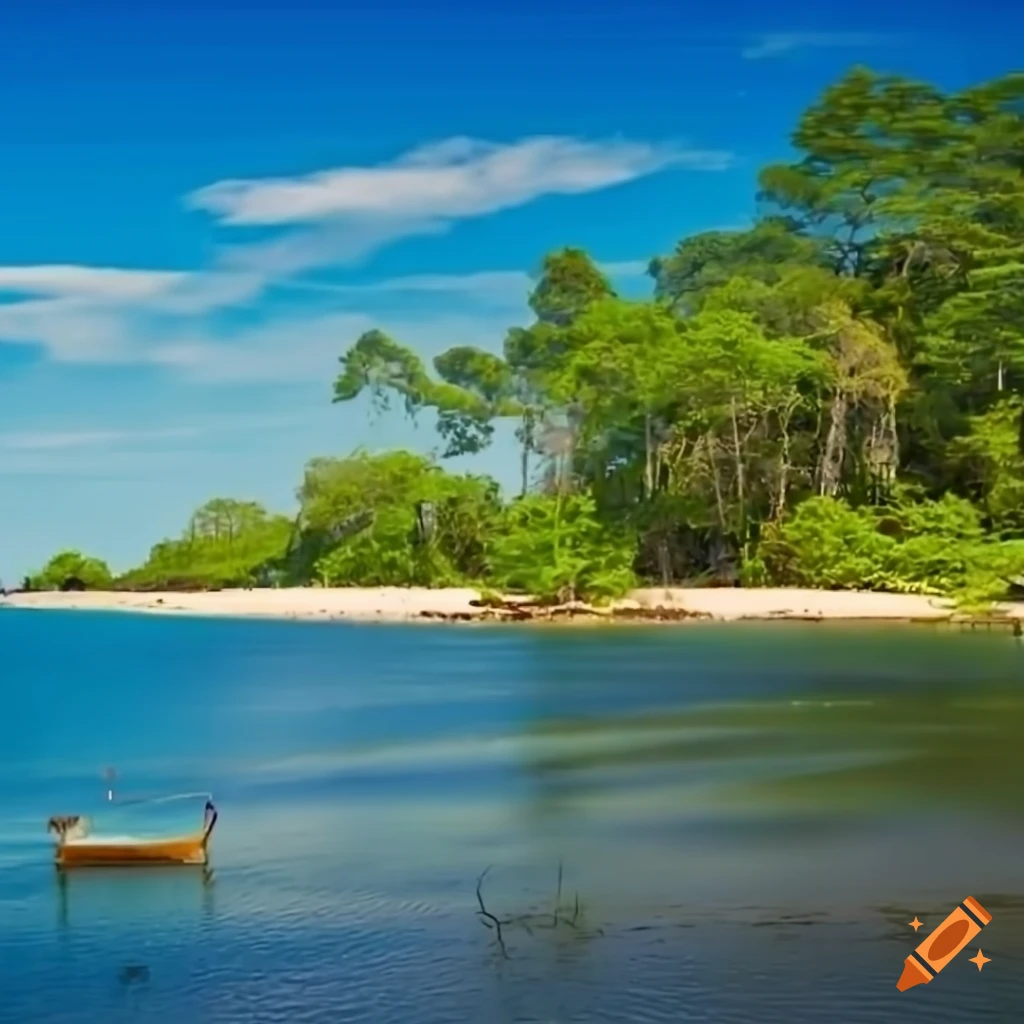 realistic depiction of an island with a broken boat