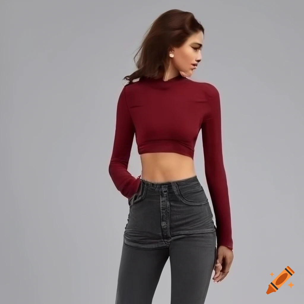 Fashionable outfit with black skinny jeans and wine red crop top on Craiyon